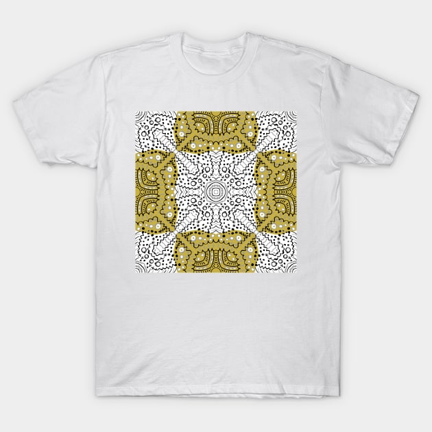 Gold abstract seamless kaleidoscope pattern — white and black background T-Shirt by Magic, Art, Patterns, Beauty!